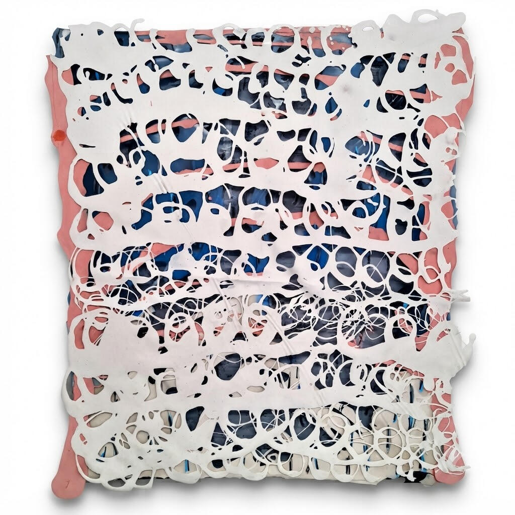 Web, a large format process-based abstract painting by Richard Elliott exploring swirling interconnected forms .